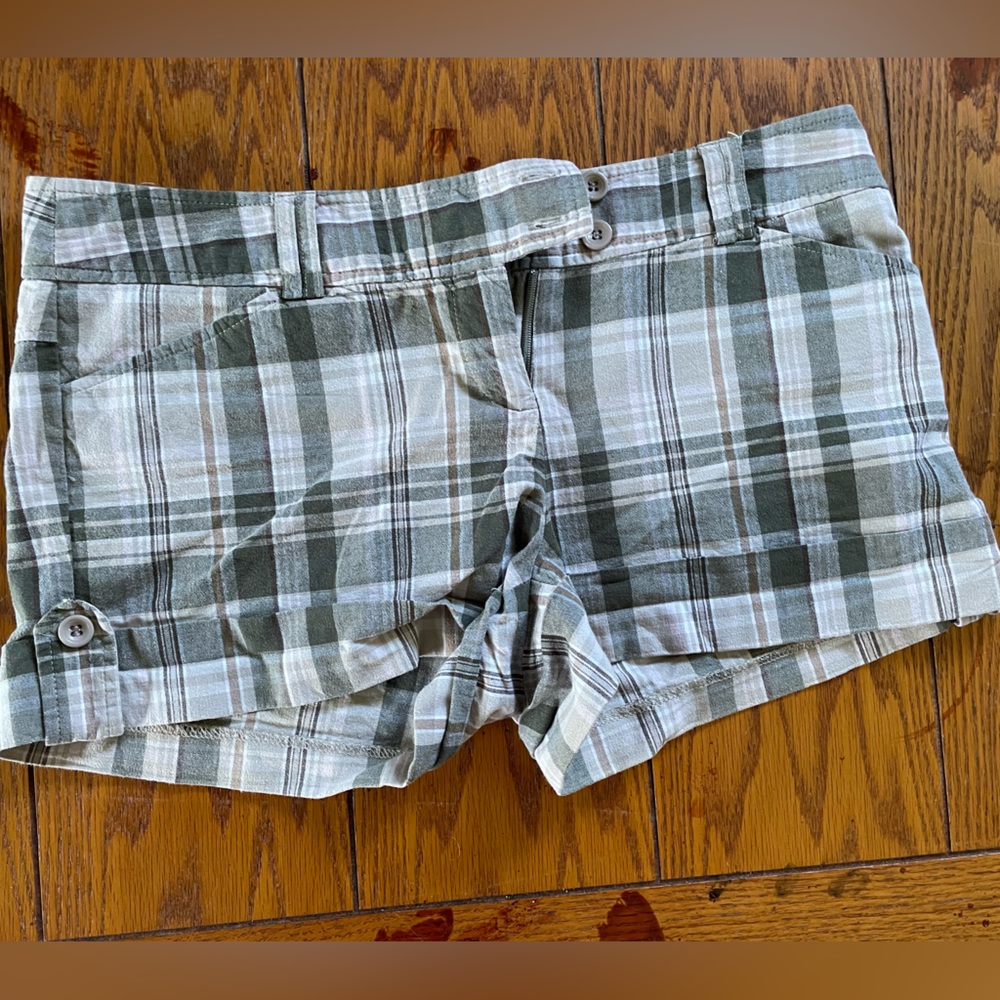 Green and white plaid shorts by outlook, very old. At least 15 years.
